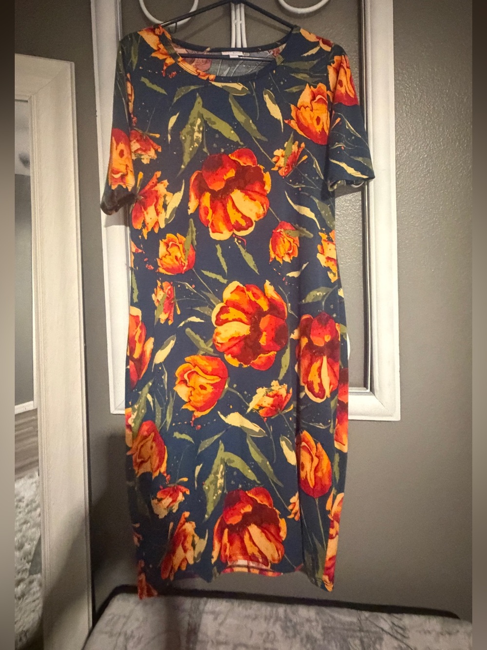 LuLaRoe Navy Dress with Orange and Red Floral Print
